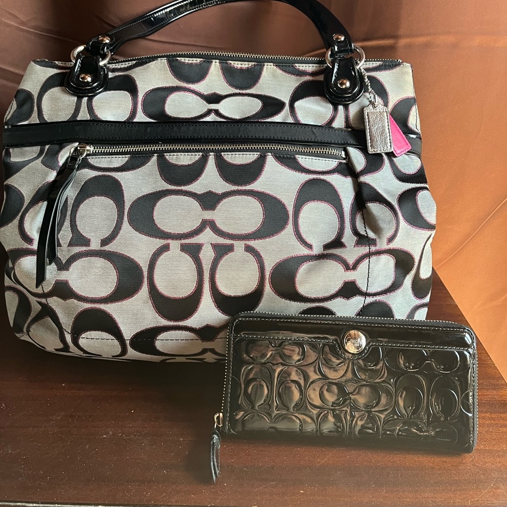 Coach signature canvas glam tote and Coach long zip around wallet